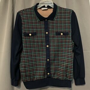 Cricket Lane Plaid Button Front Cardigan, Women's‎ Large Sweater, Gold Buttons